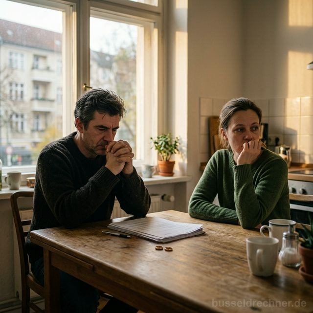 Paar sitzt getrennt am Küchentisch mit Trennungspapieren — Symbolbild Ehegattenunterhalt