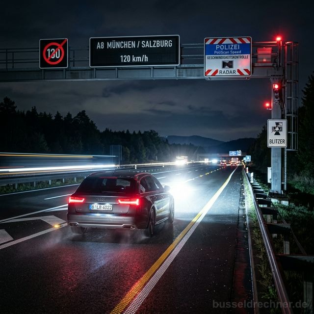 Geschwindigkeitskontrolle auf einer deutschen Autobahn bei Nacht – Blitzer erfasst ein Fahrzeug